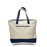 Contrast color handles with zippered pockets tote